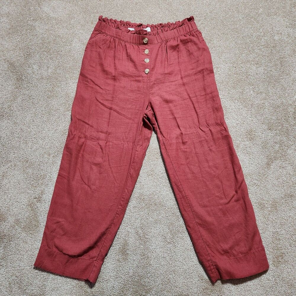 LOFT Women L Brick Red High Rise Linen Blend Straight Pull-on Paperbag Pants
